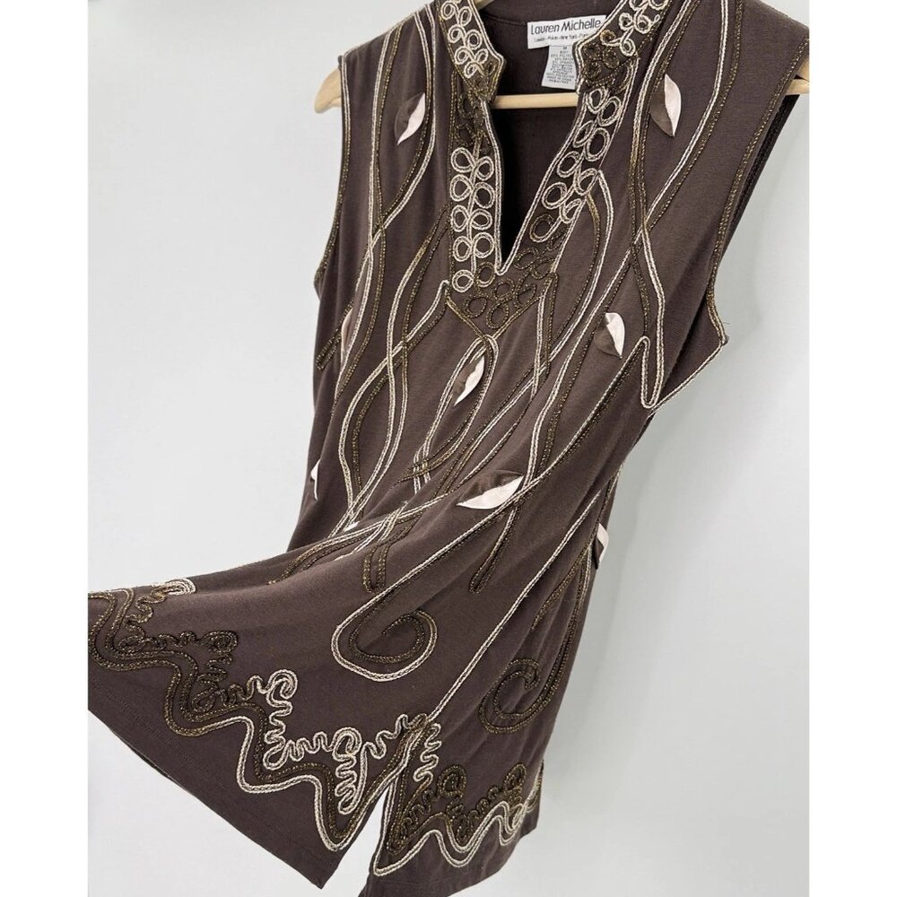 Lauren Michelle Brown Metallic Embroidered Applique Blouse Sz M Art To Wear Boho - Picture 5 of 8